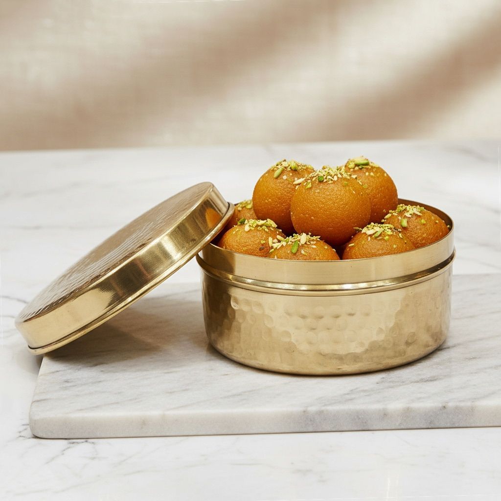 Handcrafted Brass Sweet Box | Pooja Prasad Container, Height : 2.5 Inch (ZMAS645 D)