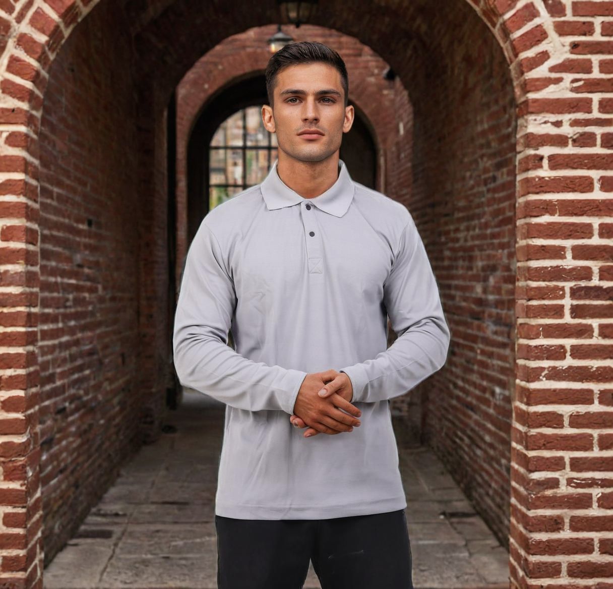 Men Polo T-Shirt Full Sleeves Grey