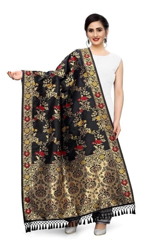 Women's Silk Pure Zari weaving Duppatta (Black, Leangth: 2-2.3 Mtrs)-PID44904
