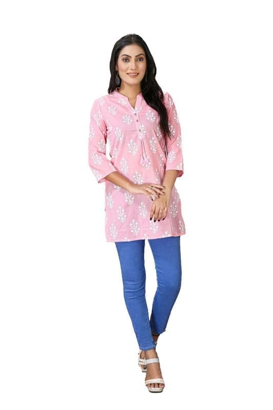 Women's Casual 3/4 Sleeve Cotton Blend Printed Kurti (Pink, 3XL)-PID46425