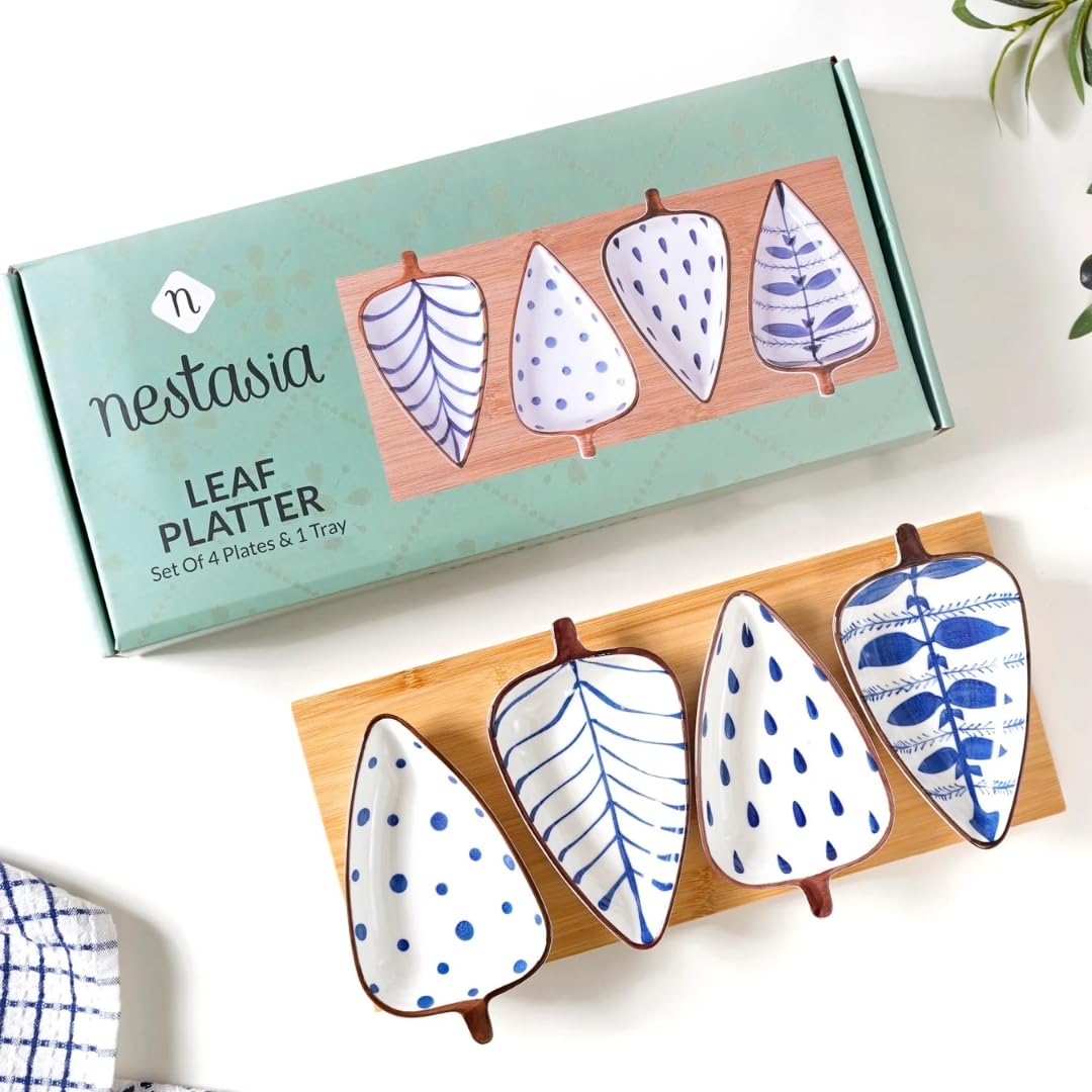 Ceramic Serving Platter | 4 Small Leaf-Shaped Plates with 1 Wooden Tray | Perfect for Serving Sweets, Cookies, Dry Fruits, Mouth Freshner & Snacks (Blue & White)