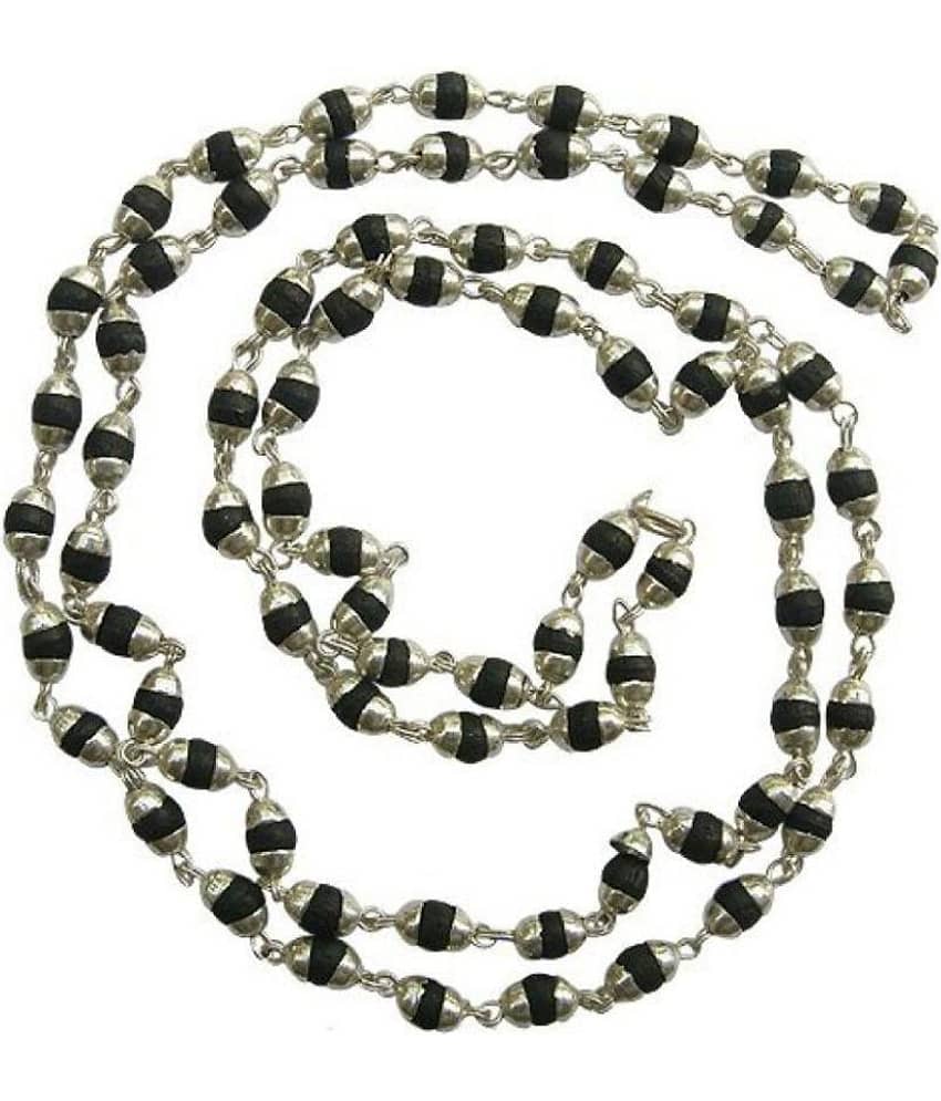 Malabar Gems Natural Black Tulsi Beads in Silver Cap Rosary Japa Mala