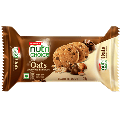 Britannia Nutrichoice Oats Cookies - Chocolate & Almonds, Fibre Rich, Healthy Snack, 75 G