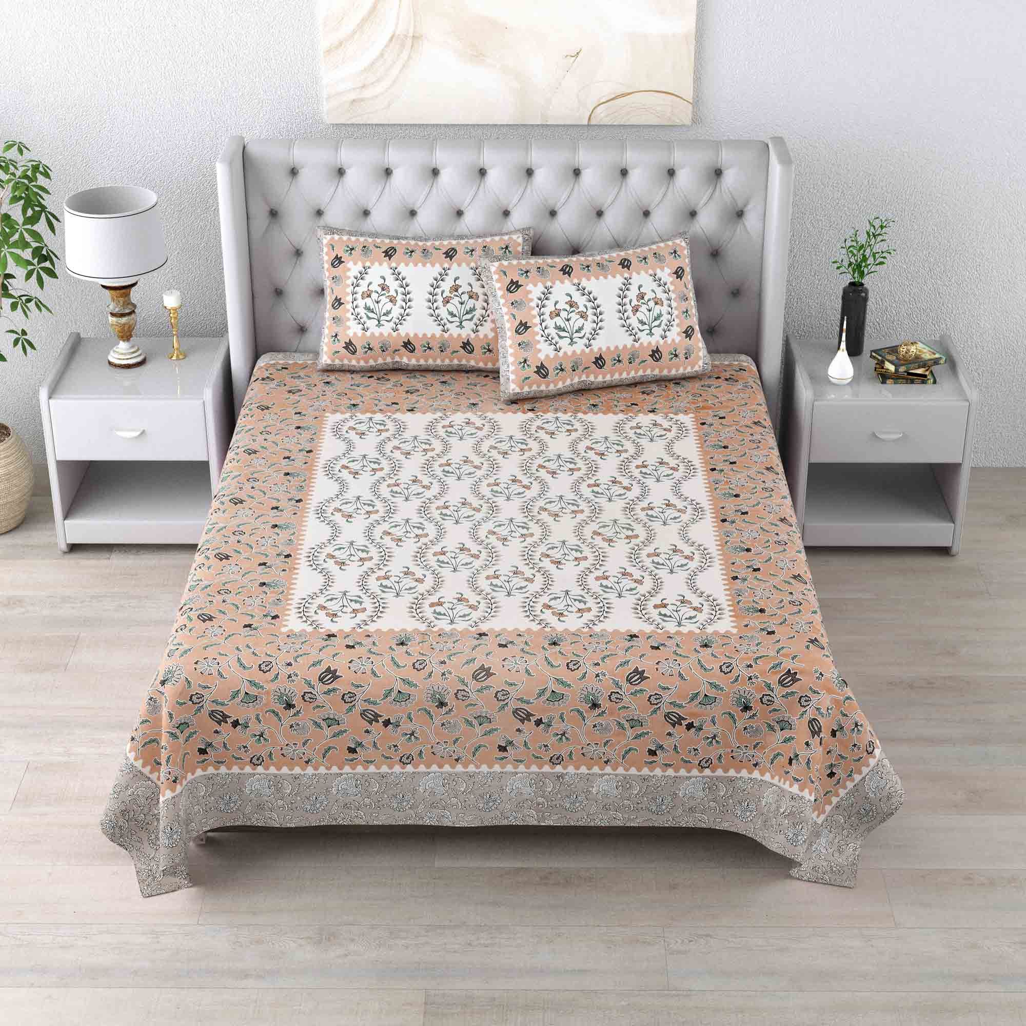 Designer Sanganeri Jaipuri Pure Cotton Double Bedsheet with Matching Covers
