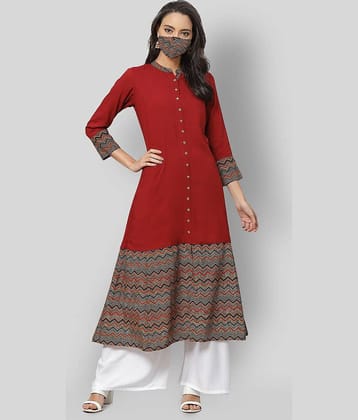 Yash Gallery Pack of 1 Cotton Blend Printed Front Slit Women's Kurti - ( Maroon )