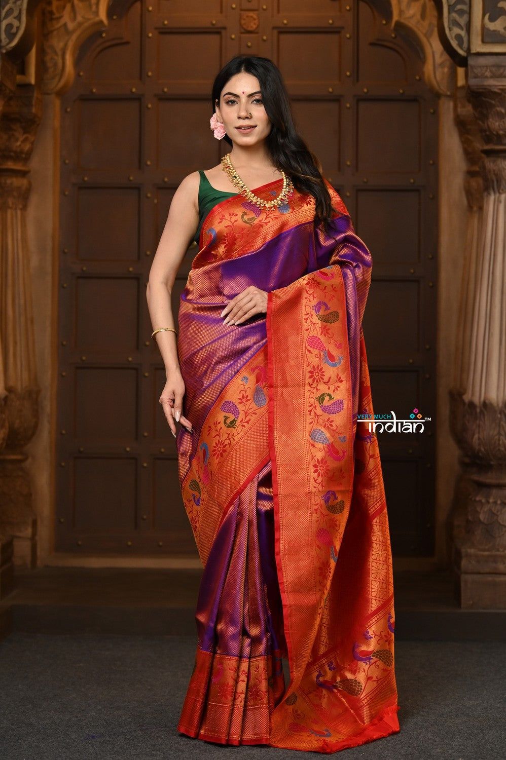 Parampara Premium ~ Gadwal Pure Silk Brocade Handloom Saree in Dual Tone Pink Orange with Red Border