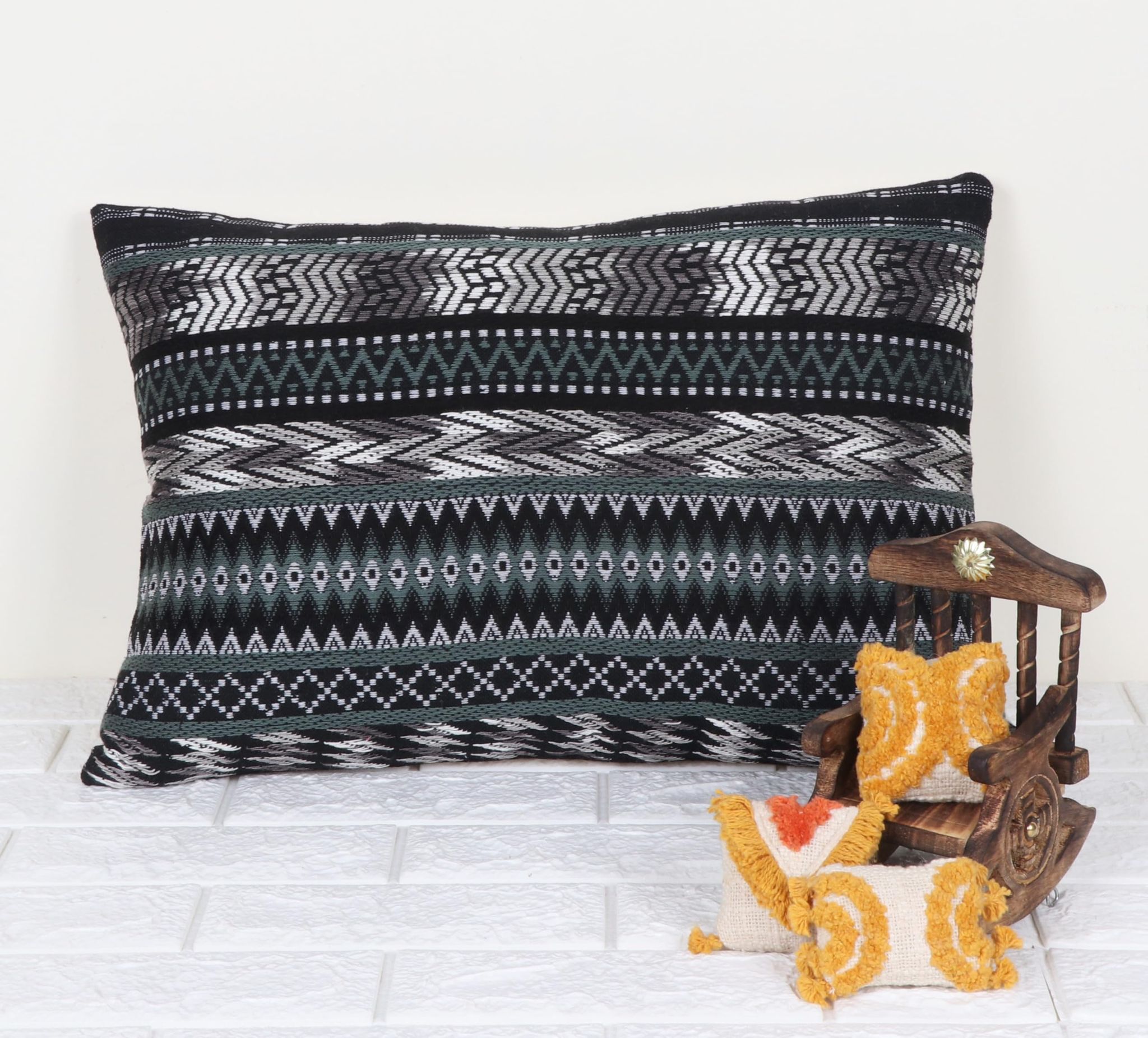 Indihomecraft Handicraft Jacquard Cotton Cushion Cover | Hand Stitched Embroidery | Decorative Boho Cushion Cover for Sofa Couch Swing Chair Living Room & Bedroom 14 x 20 Inches, Pack of 1