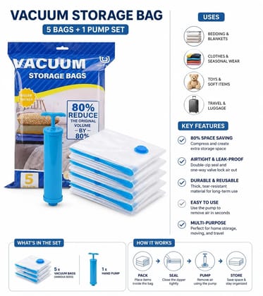 Vacuum Storage Bags Pack of 5 with Hand Pump | Reusable Waterproof Vacuum Compression Bags | Airtight Space Saver Ziplock Bags for Clothes, Blankets, Winterwear, Bedding & Travel