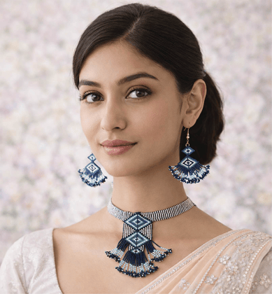 Handcrafted Geometric Beadwork Choker Necklace Set with Earrings Handcrafted Geometric Beadwork Choker Necklace Set with Earrings
