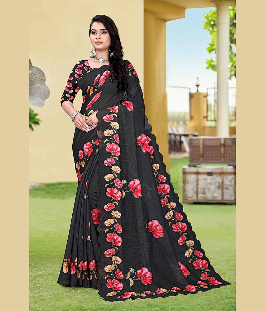 supalee Tex Linen Printed Saree With Unstitched Blouse Piece ( Blue )