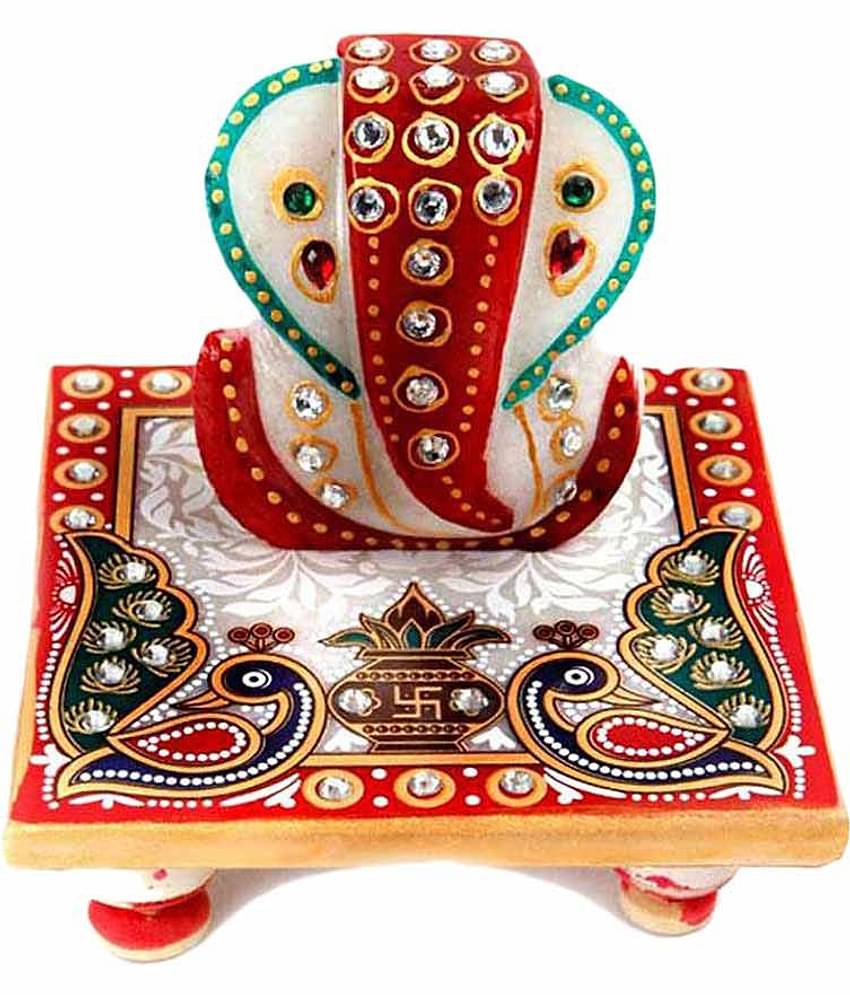 Sajawat Bazaar Traditional Makrana Marble Lord Ganesha With Peacock And Kalash