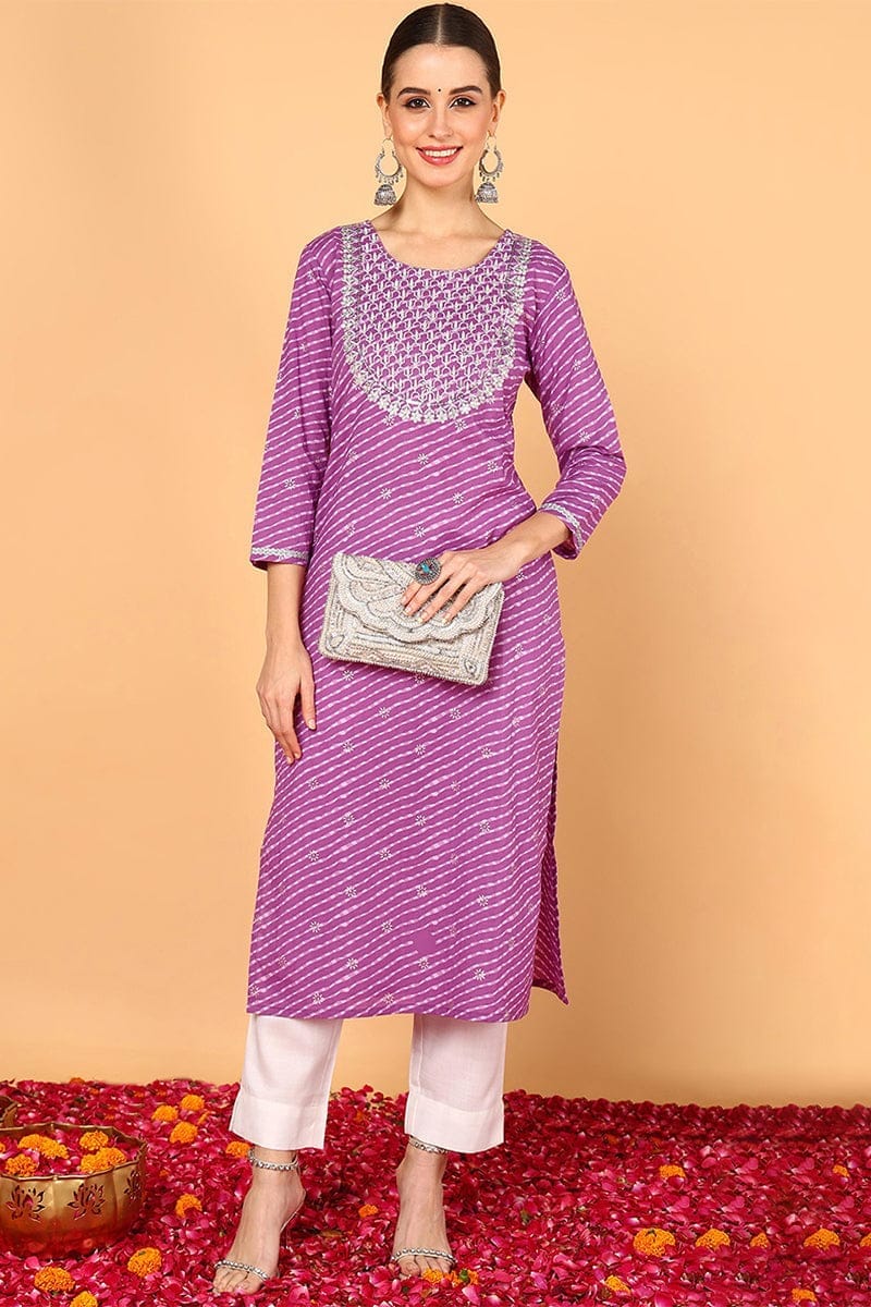 Plus Size Purple Cotton Leheriya Printed Straight Kurta VCK9648