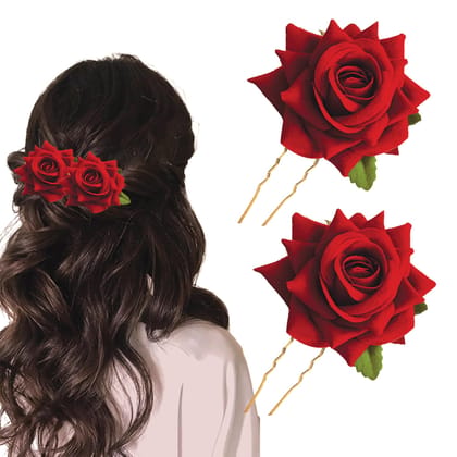 2pcs Stylish Red Rose Artificial Flowers Bun Juda U Pins