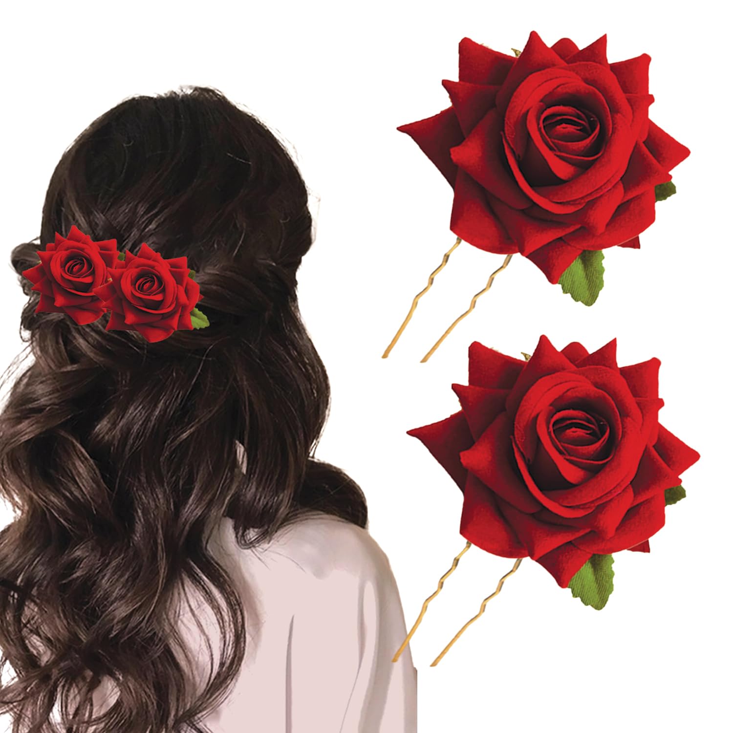 2pcs Stylish Red Rose Artificial Flowers Bun Juda U Pins