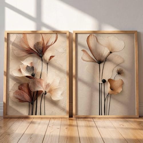 Wall Art Set, 3D Textured Floral Botanical Painting, Modern Abstract Flower Wall Decor for Living Room Bedroom