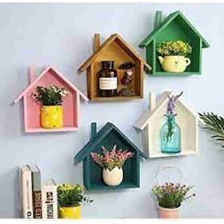 Onlinecraft Wooden Wall Shelf Hut Shape Wooden Wall Shelf (Number Of Shelves - 1, Multicolor)