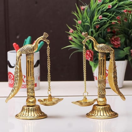 DreamKraft Metal Peacock Hanging Diya Pair | Gold Finish | Pack of 2 | Puja Gift | Antique Design | 7.5 Inches DreamKraft Metal Peacock Hanging Diya Pair | Gold Finish | Pack of 2 | Puja Gift | Antique Design | 7.5 Inches