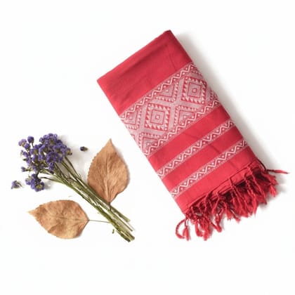 Artisanal Red Geometric Print Cotton Shawl