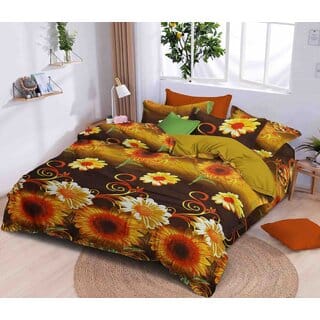 BLACK BEE Yellow sunflowers print on white,brown doublebedsheet with 2Pillowcovers (208X213cm)(BS-03)