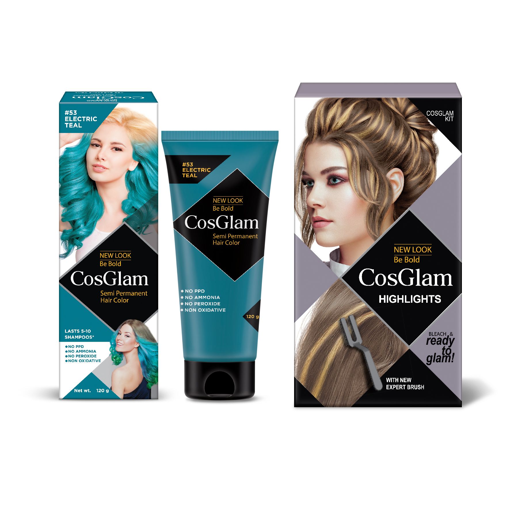 COSGLAM Semi Permanent Hair Color Electric Teal 120g and Hair Highlighter Kit 115g, Highlights Hair Dye