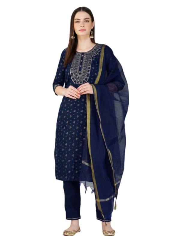Women's Casual 3-4 th Sleeve Embroidery Cotton Kurti Pant Dupatta Set (Dark Blue, M)-PID50253