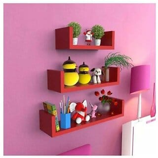 Onlinecrafts Wooden Wall Shelf Wooden Wall Shelf (Number Of Shelves - 3, Red)