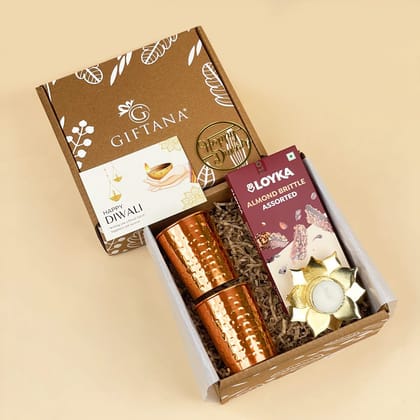 Classic Diwali Celebration Box - Copper Glasses, Brownie & Lotus Candle