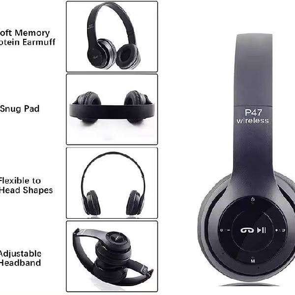 Wireless Bluetooth Headphones P47 Foldable Over Ear Deep Bass Gaming Sports Headset ColourBlack