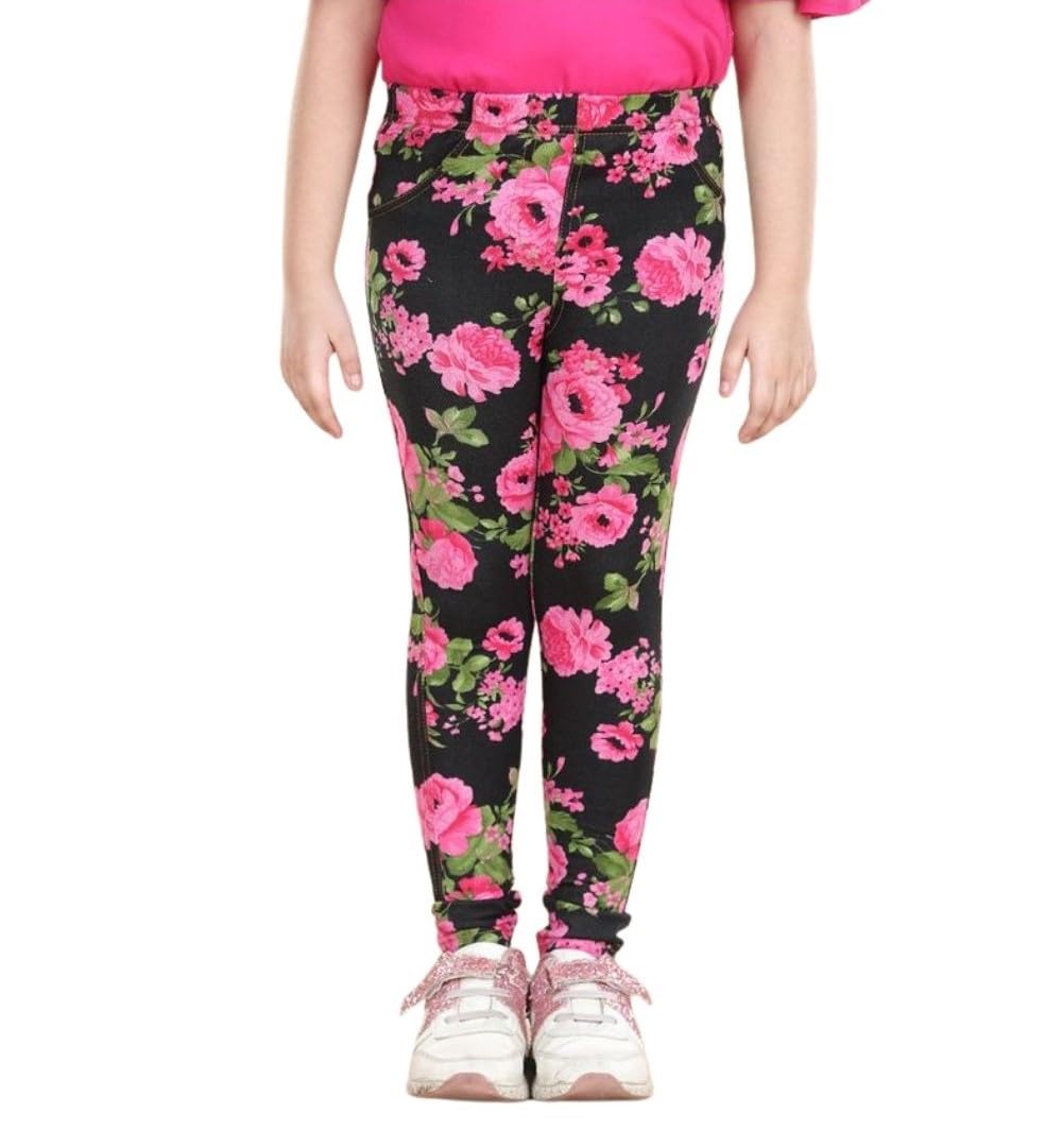 Girl's Cotton Blended Floral Elasticated Jeggings (Black-Pink, 2-3-Yrs)-PID66068