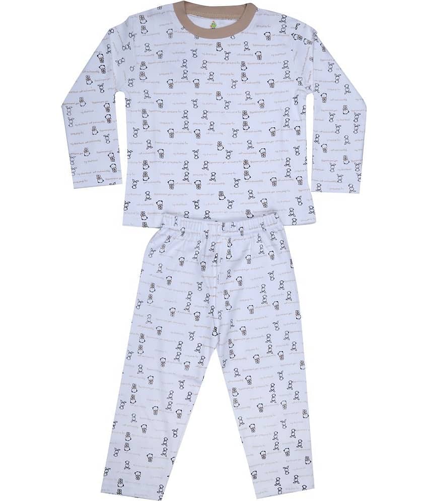 KABOOS Pack of 1 Boys 100% Cotton Nightsuit Set ( White )
