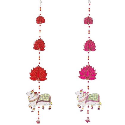 DECOREER Wooden Cow Lotus Wall Hanging Set of 2