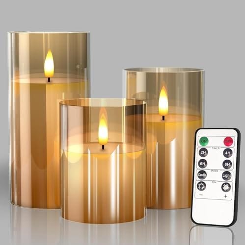 Amazon Basics Flameless LED Candles with Remote Controller & Timer | Golden Acrylic Fiber Glass | Set of 3