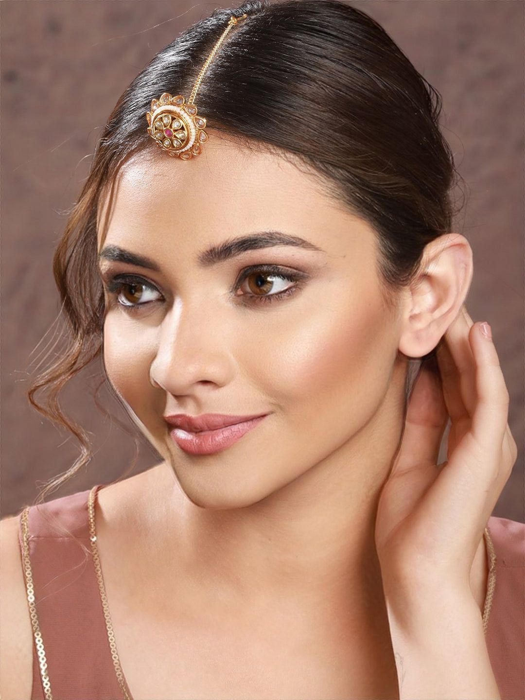 Gold Plated kundan Studded Pearl Beaded  Borla maangtika
