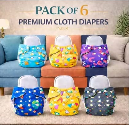 Pack of 6 with 6 Premium Insert Printed Cloth Diapers | Ultra Soft, Heavy Absorbency, Leakproof, Adjustable & Rash-Free Baby Nappies