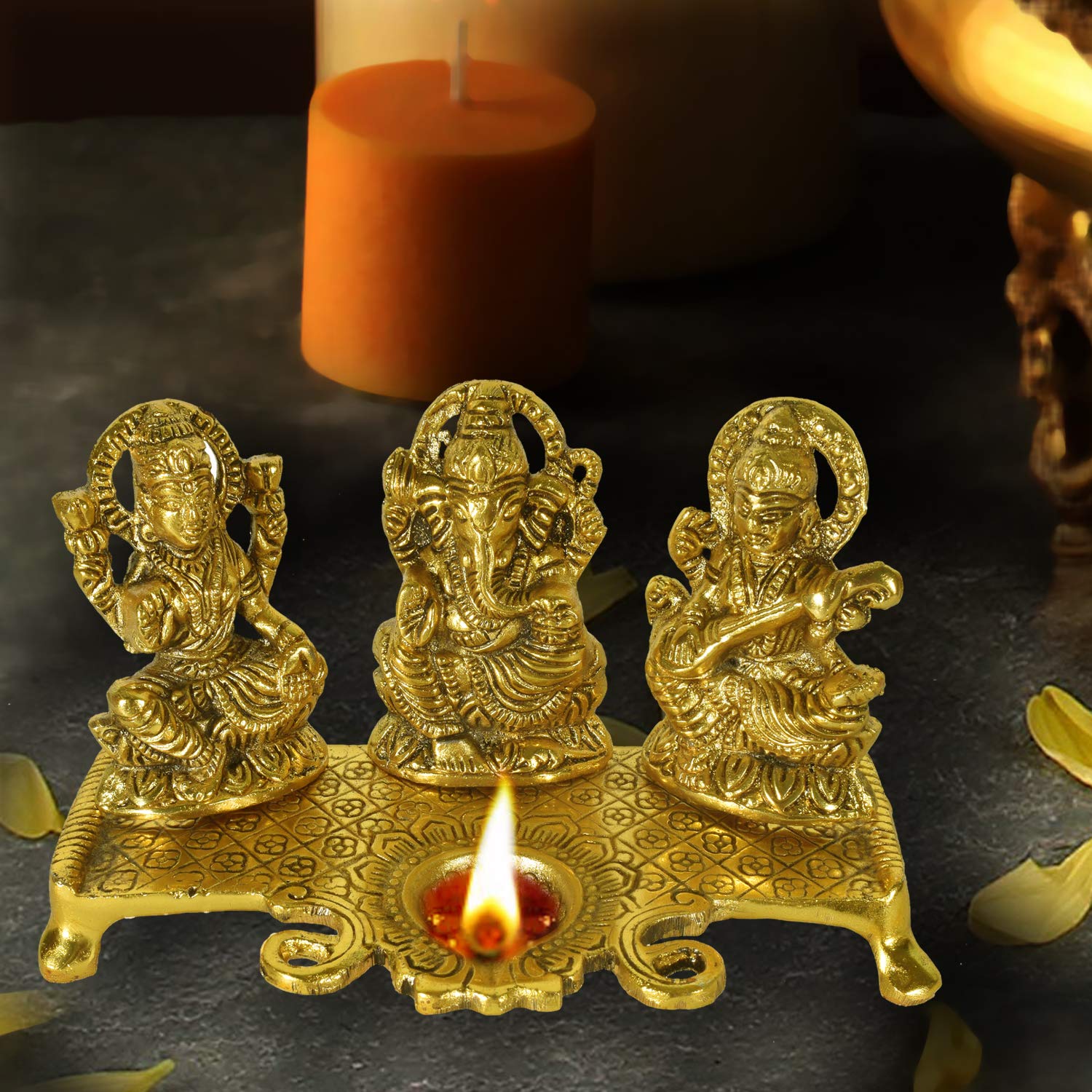 DreamKraft Metal Gold Plated Lakshmi Saraswati Ganesh Idols with Deepak (Gold_20 x 10 x 11.5 cm)