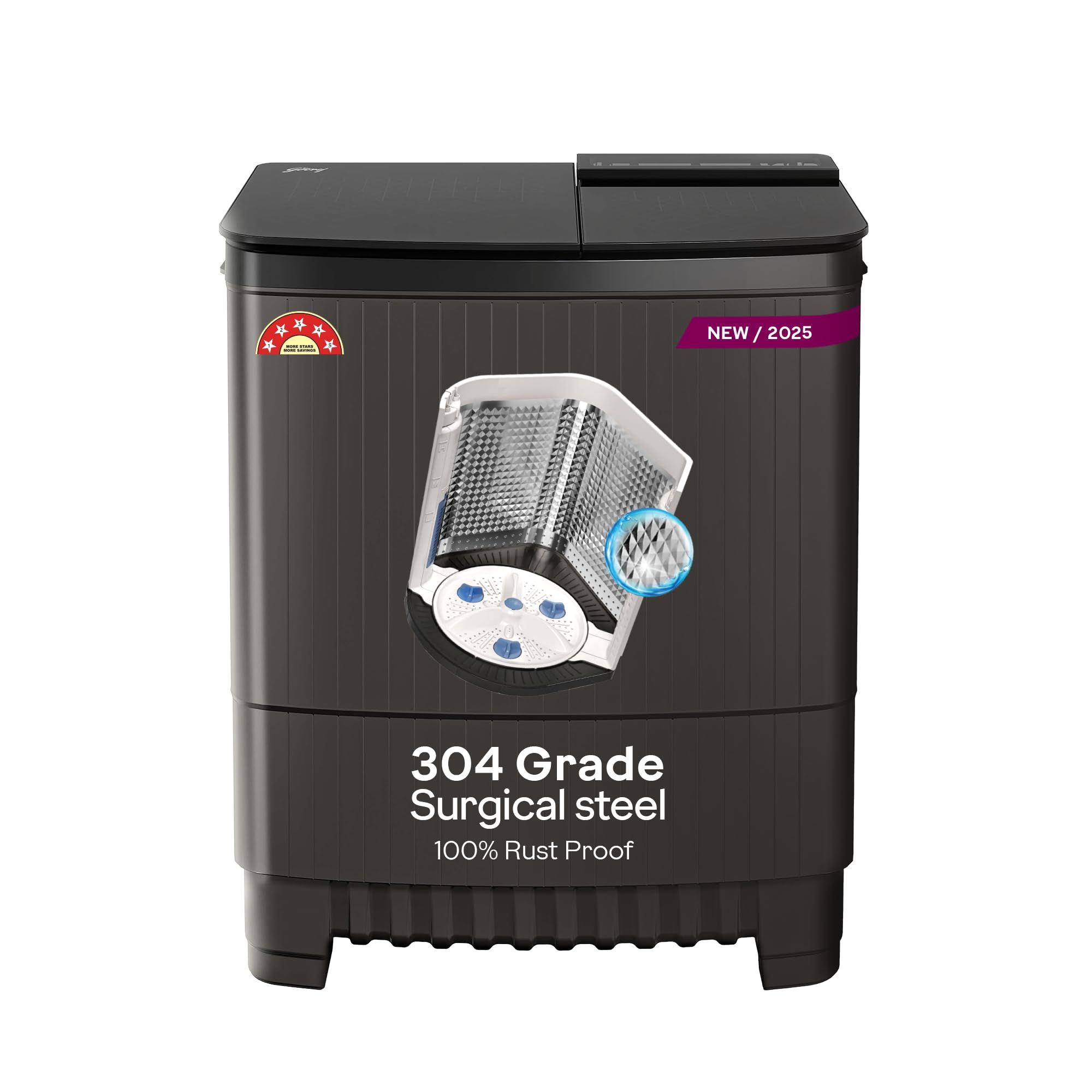 Godrej 8 Kg 5 Star, With Soft Shut Wash Lid, Semi-Automatic Top Loading Washing Machine (WSEDGE ULTS 80 5.0 DB2M CSGR, Crystal Grey, Stainless Steel Wash and Spin Drum) Godrej 8 Kg 5 Star, With Soft Shut Wash Lid, Semi-Automatic Top Loading Washing Machi