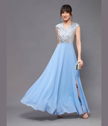 Miss Chase Women Georgette Embellished Side Slit Dress ( Blue )