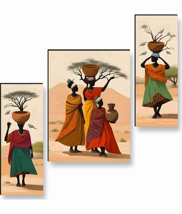 SAF African Tribal Women Wall Art – 3 Panel Cultural Painting with Desert Landscape, Pots & Birds for Ethnic Living Room Décor 12 Inch x 20 Inch