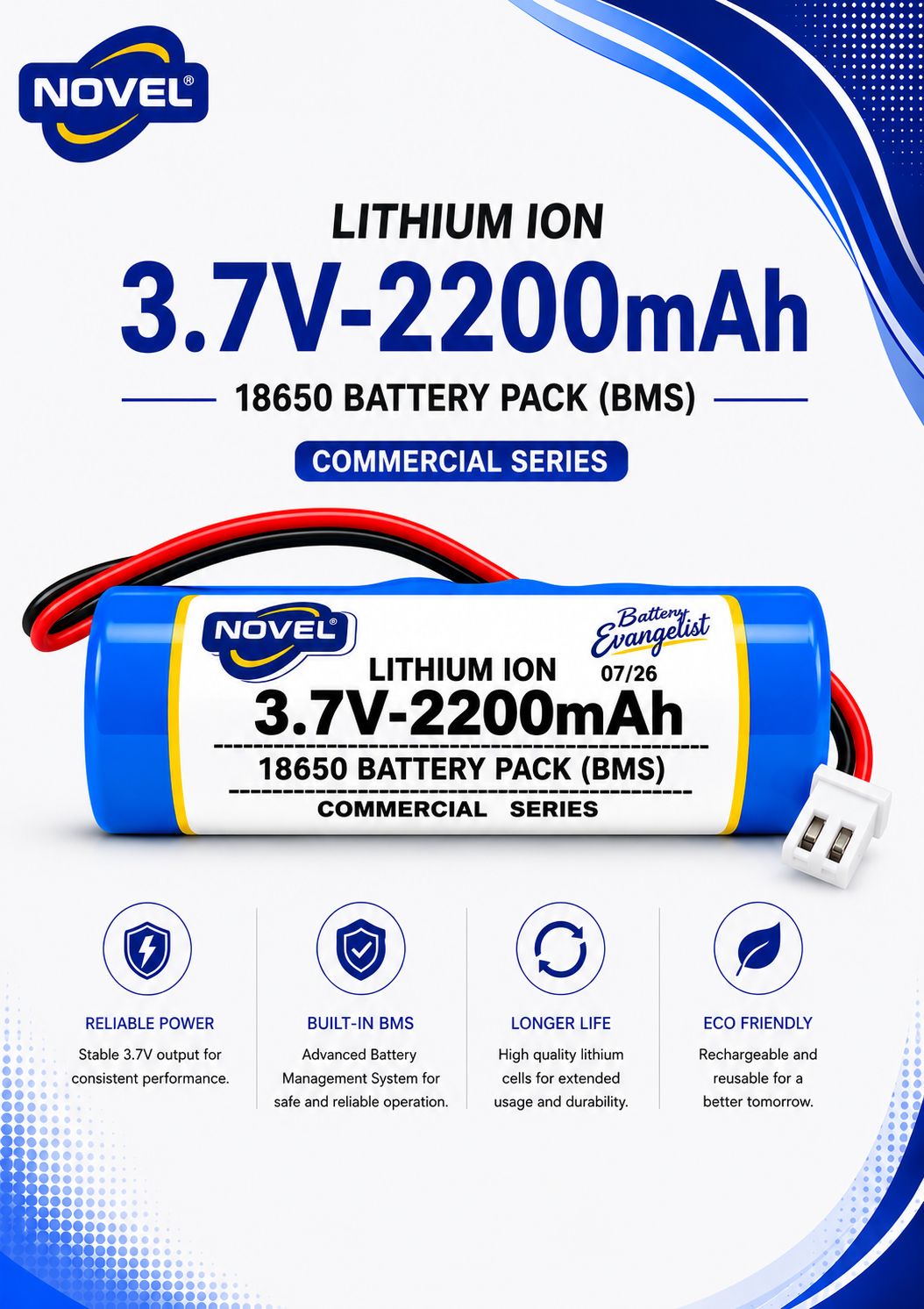 NOVEL 3.7V BMS 18650 LITHIUM ION SINGLE BATTERY WITH JST 2PIN- 2200mAh
