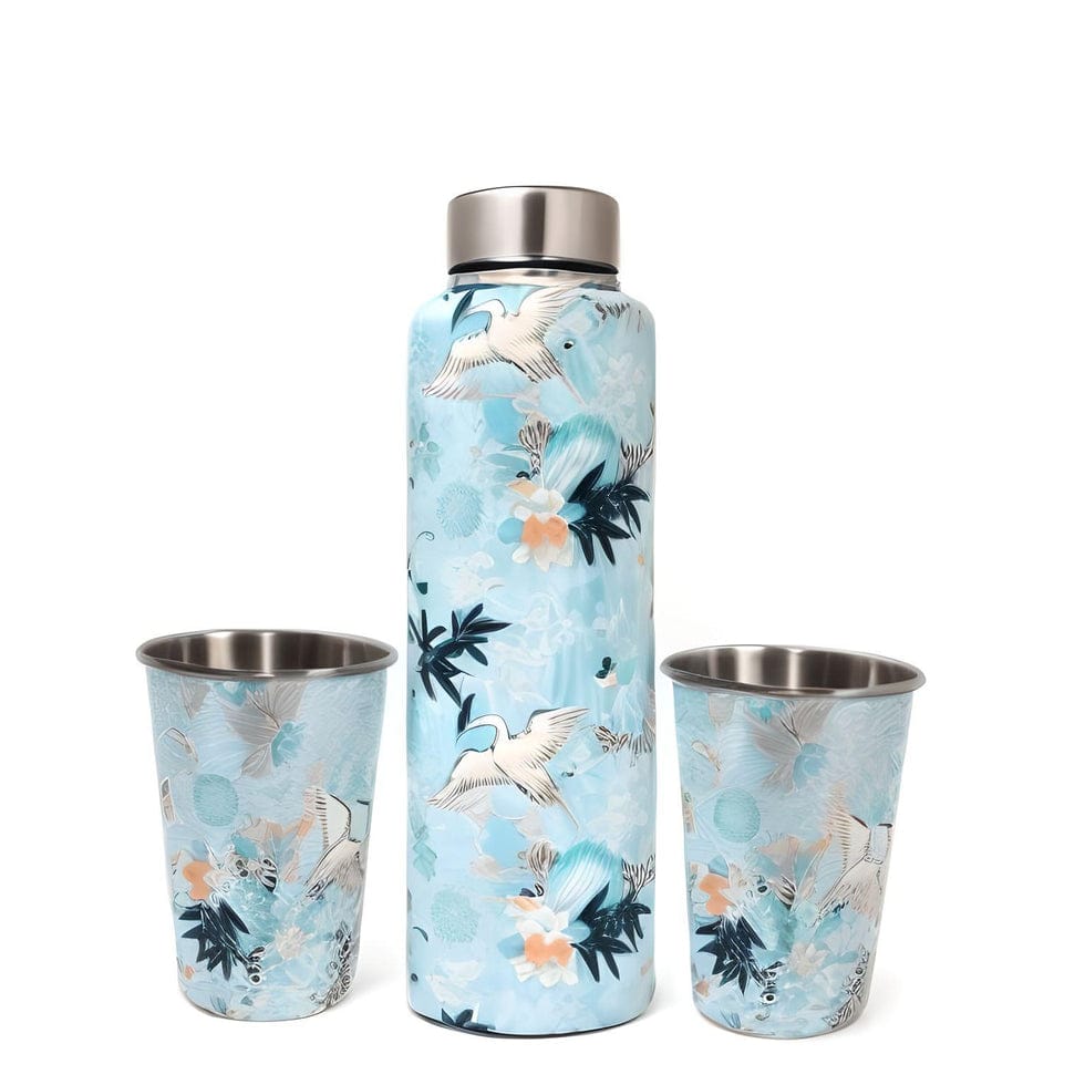 La'Forte Premium 1000 Ml Stainless Steel Bottle 02x250 Ml Drinking Glass (Blue Crane)
