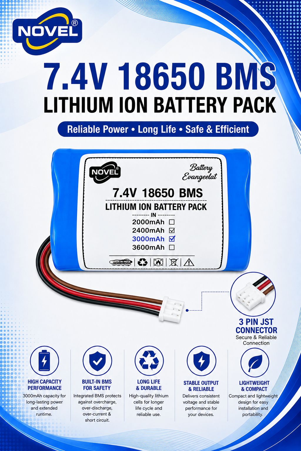 NOVEL 7.4V 18650 BMS LITHIUM ION DUAL BATTERY PACK WITH DC FEMALE- 3000mAh