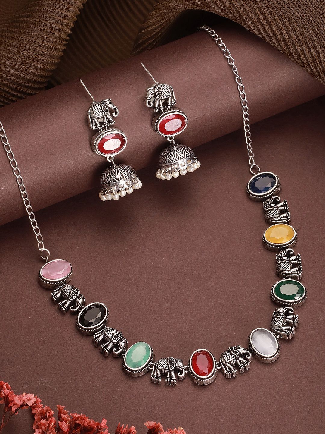 Oxidised Silver Toned Navratan Multicolored Elephant Motif Statement Choker Jewellery Set