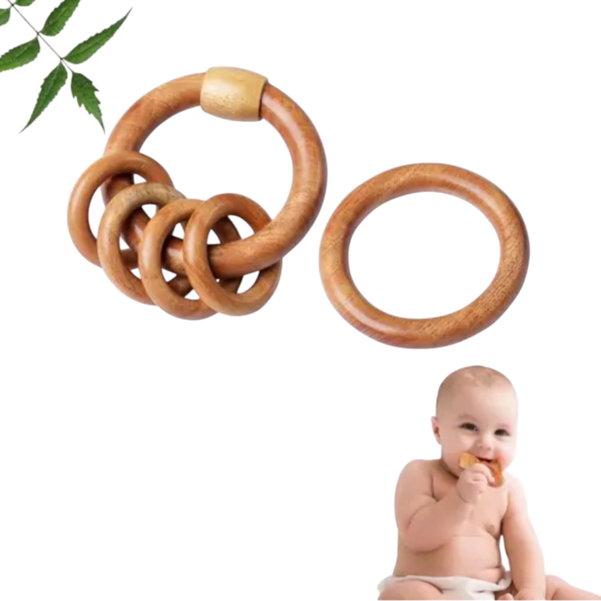Wooden Baby Teething Ring Rattle with Ring teether Natural neembwood