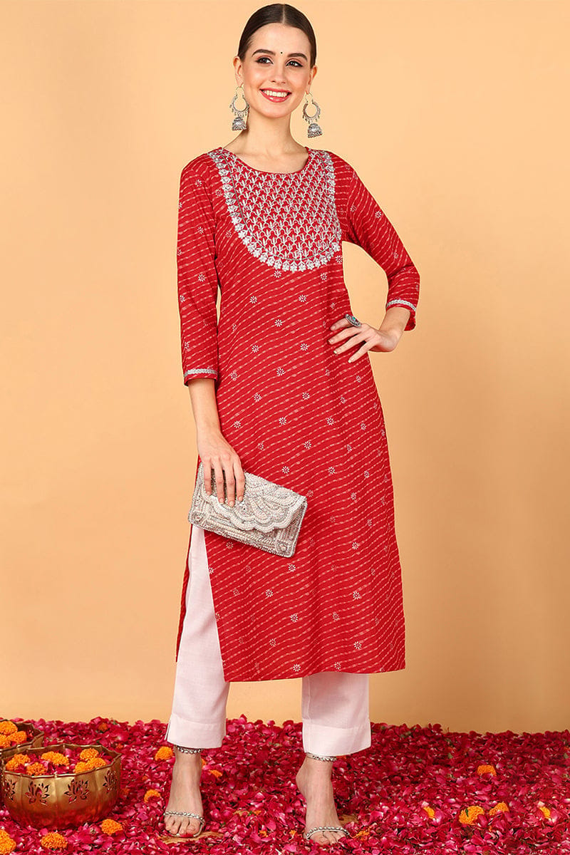 Plus Size Red Cotton Leheriya Printed Straight Kurta VCK9646