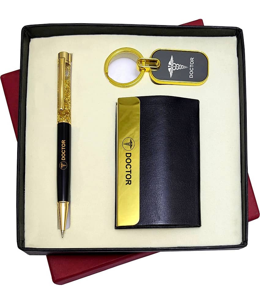 UJJi 3in1 Doctor Logo Set with Golden Gel Shiny BallPen, Keychain and ATM Card Holder