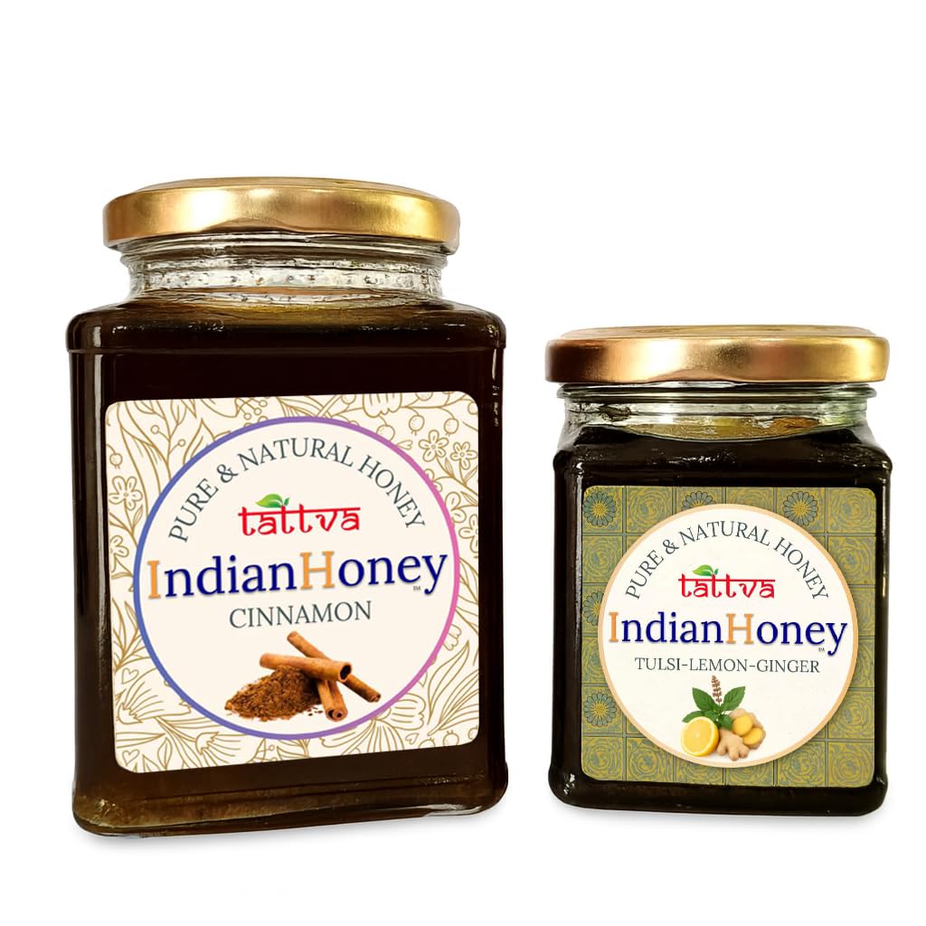 IndianHoney Metabolic & Warming Cinnamon Infused Honey & Warming & Anti-Inflammatory Ginger Infused Honey Combo Pack (500gm & 230gm) Cinnamon & Tulsi Lemon Ginger