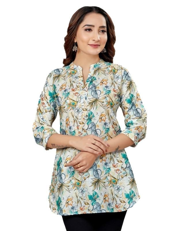 Women's Cotton Blend Mandarin Collar 3/4 Sleeves Short Top (OffWhite-Blue, S)-PID56238