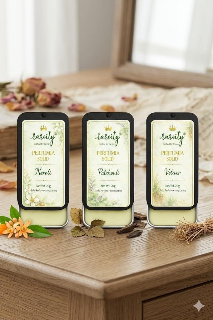 Rareity Perfume Solid Perfume Combo Pack of 3 (Neroli, Patchouli & Vetiver) | Pocket Solid Fragrance Balm | Long Lasting Aroma | Travel Friendly | 20g Each