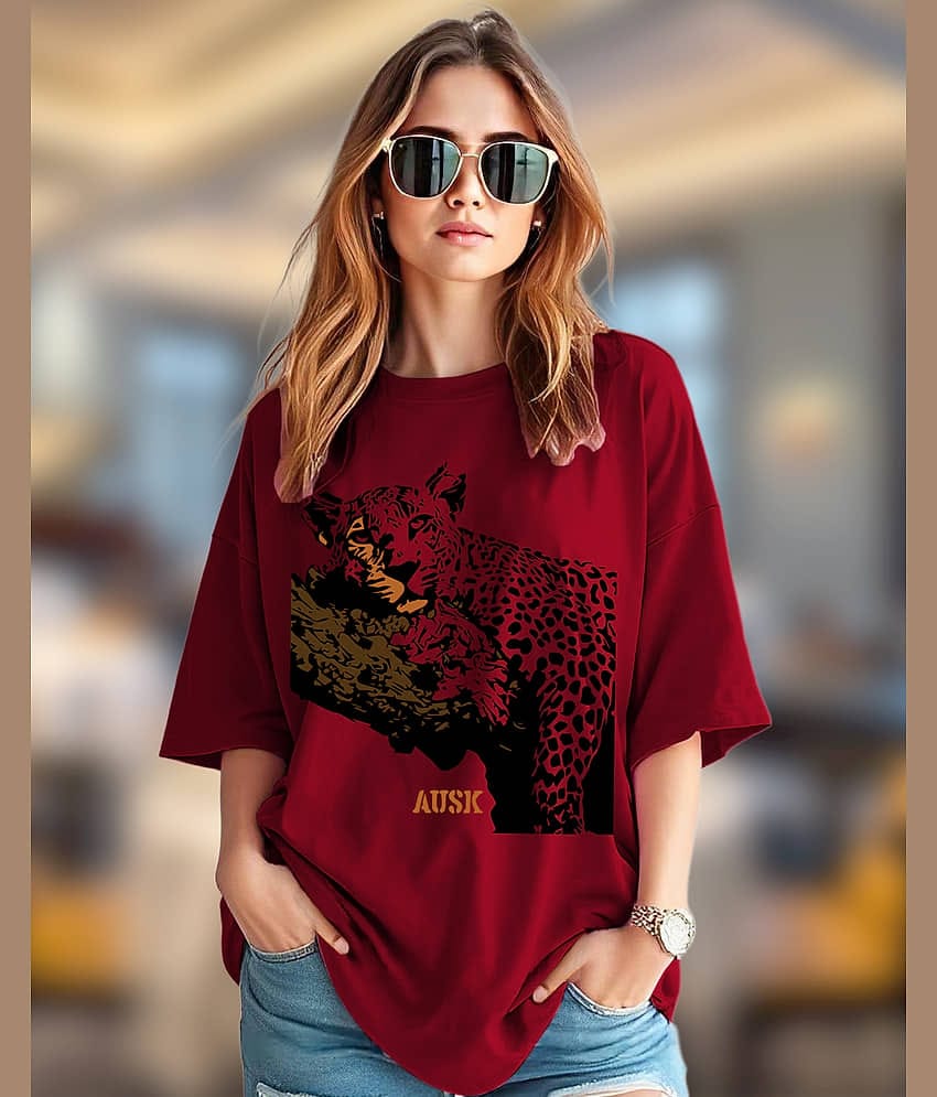 AUSK Women Cotton Blend Printed Oversized Round Neck T-Shirt ( Maroon )