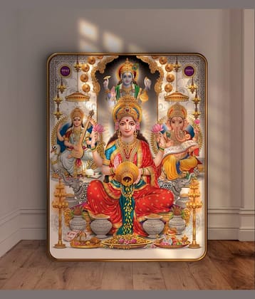SAF Lakshmi Vishnu Ganesha Saraswati Wall Painting | Sparkle Laminated Religious Art | Golden Frame MDF Decor for Home Temple Living Room Pooja Room Gift